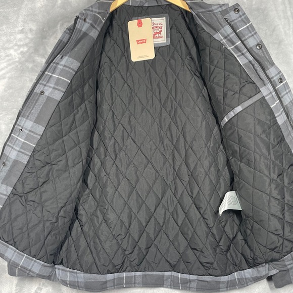 Levi's Quilted Lined Snap Zip Flannel Shacket Mens Large L Gray Plaid Jacket - Picture 4 of 12